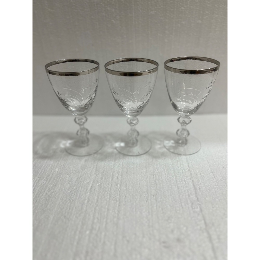 Wine Glasses 3 Floral Etched Rimmed With Silver-Like Material